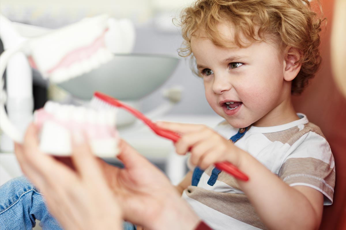 Curious little boy brushing teeth on dental model while he sitting on dental chair